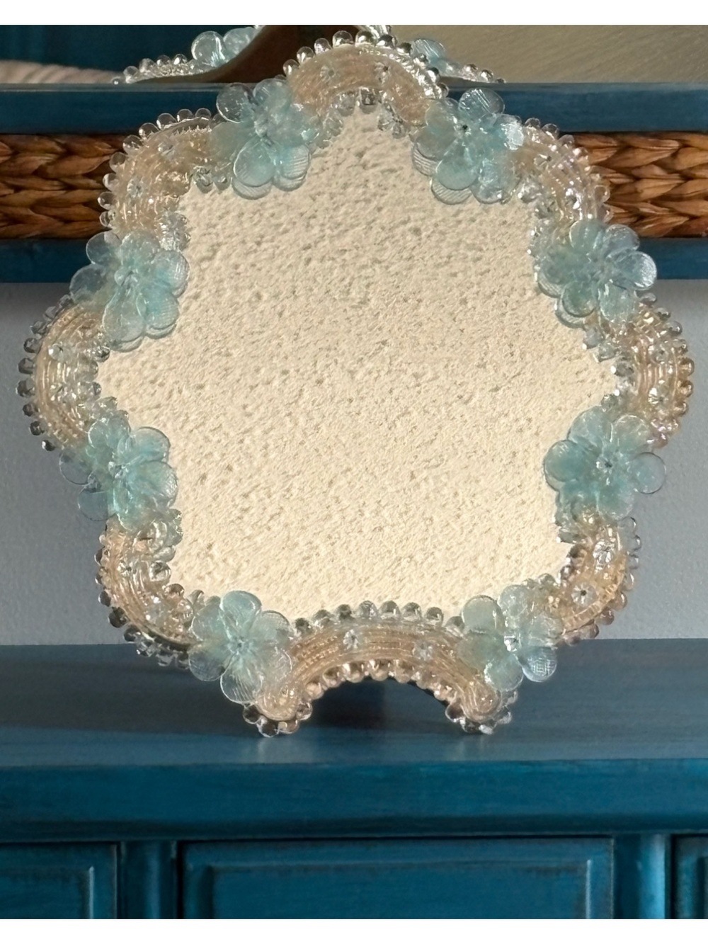 Decorative Floral Beaded Vanity Mirror - Blue & Clear